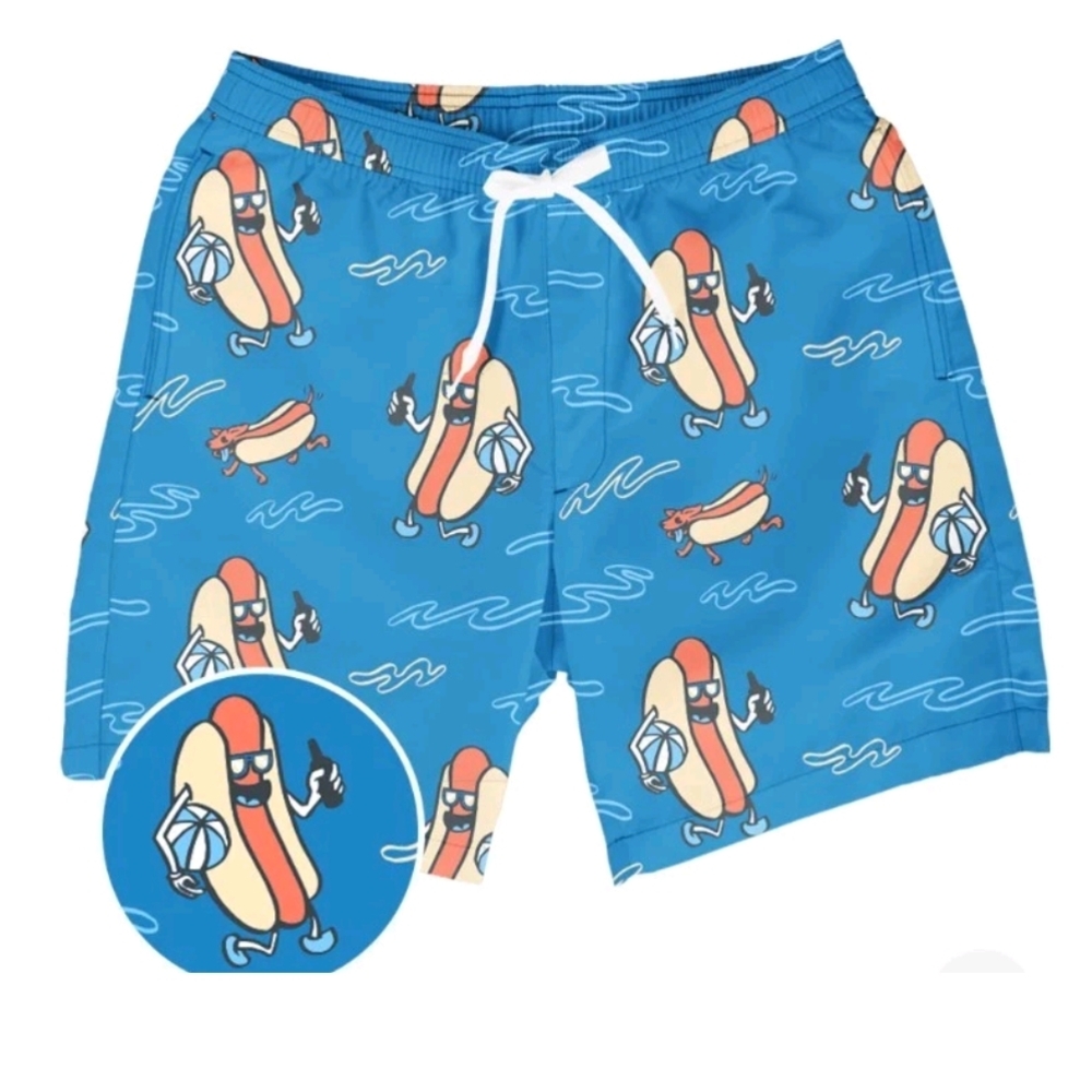 TIPSY ELVES Hot Dog Diver Stretch SWIM TRUNKS  Men's Size Medium Blue NWT